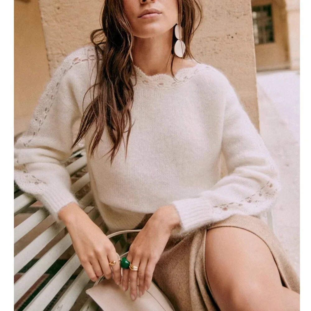 BEST Sezane Stacy Jumper Sweater Medium Ecru Ivory French Wool Mohair Knit - Picture 4 of 10